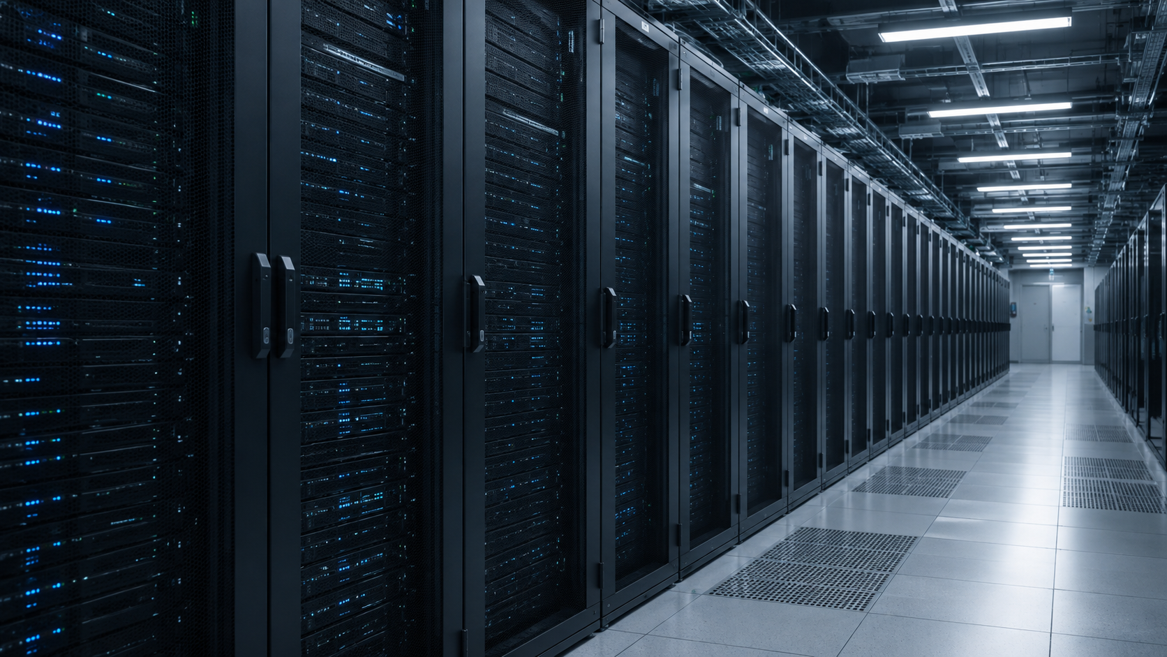 Illustrative view of an enterprise data centre with orderly server racks and blue indicator lights