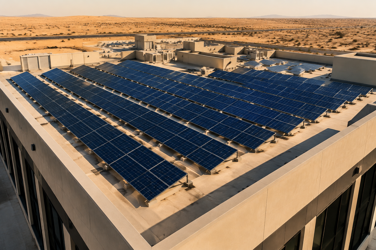 Illustrative commercial rooftop solar array in warm afternoon light