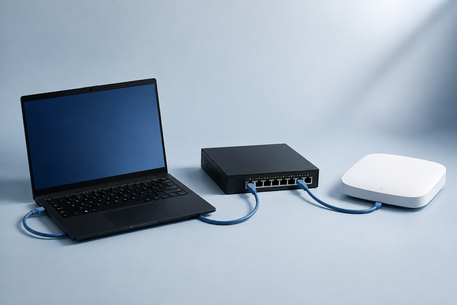 Illustrative arrangement of a business laptop, network switch and wireless access point