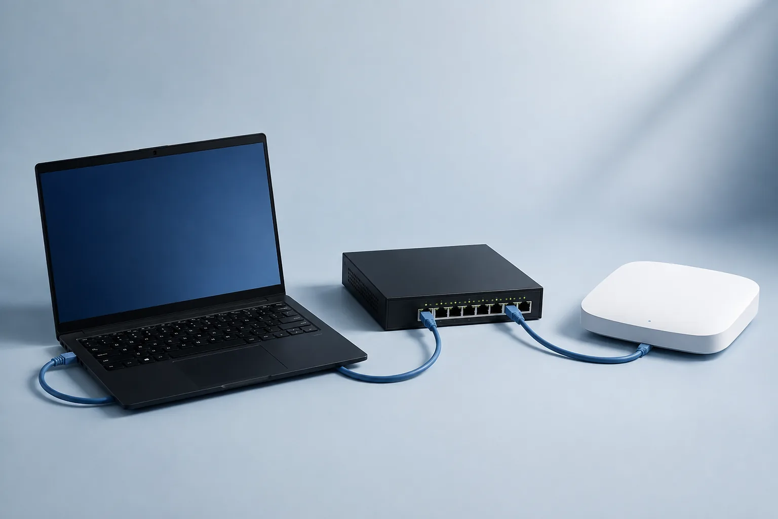 Illustrative arrangement of a business laptop, network switch and wireless access point